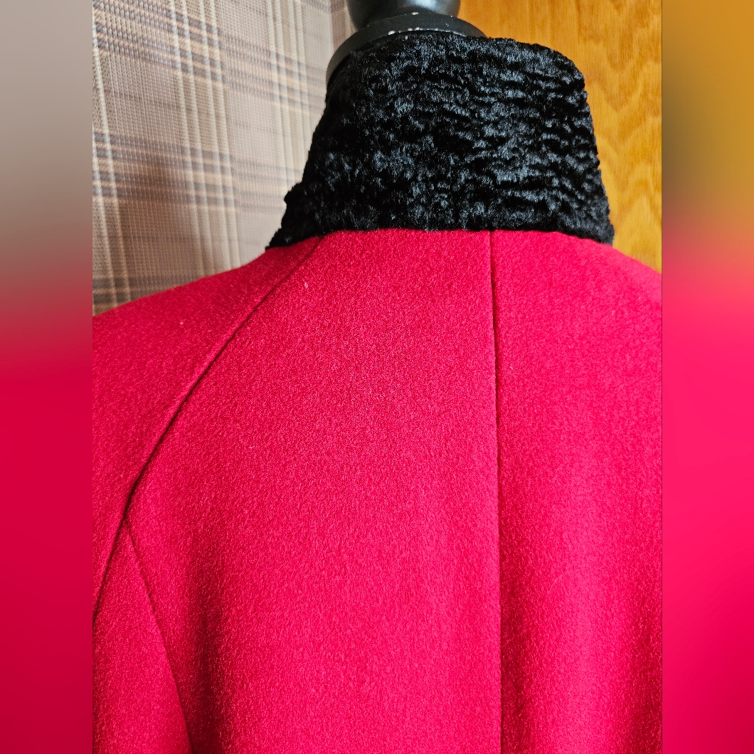 Leslie Fay Wool Red Dress Coat With Black Shearling Collar